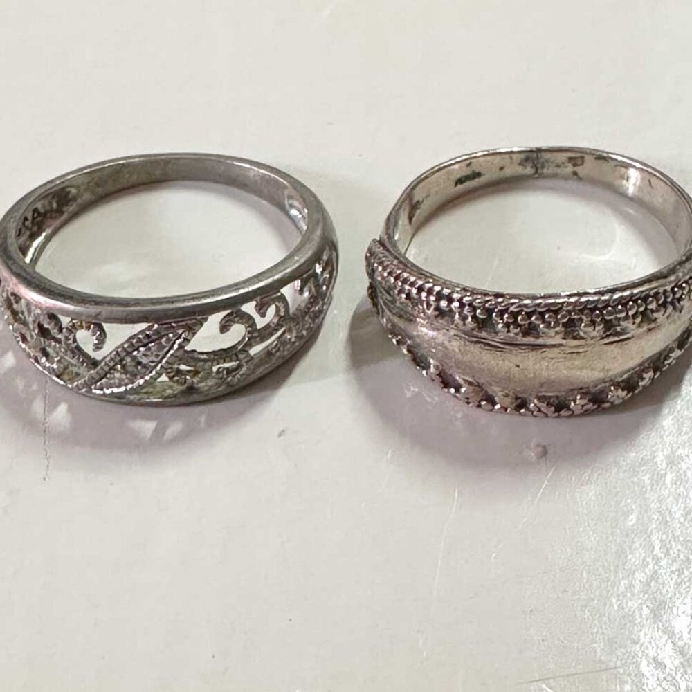 .925 Sterling Silver Band Ring Set Size 7 - 2 Rings Filigree & Milgrain - 6.13g